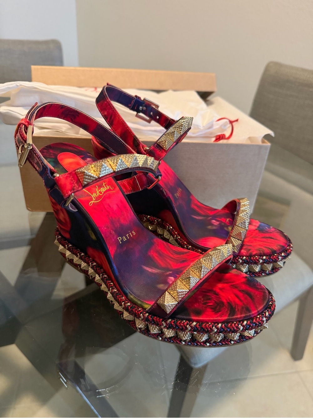 NEW Christian Louboutin Red and Gold Studded Wedge Sandals